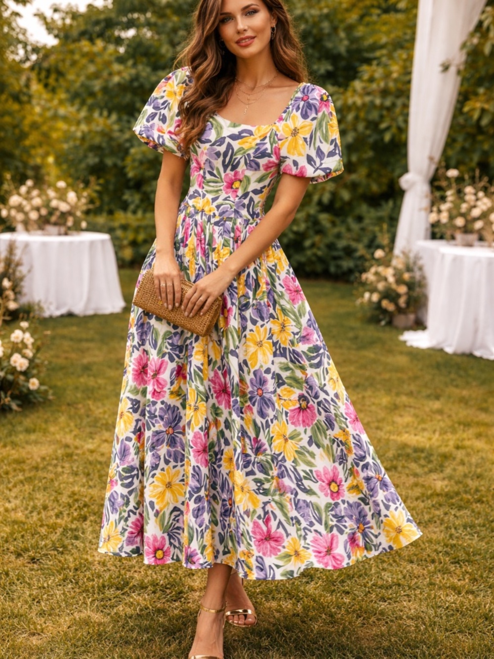 80s Victor Costa Romantic Floral Drop Waist Maxi Dress Sz M/L Wedding Gala